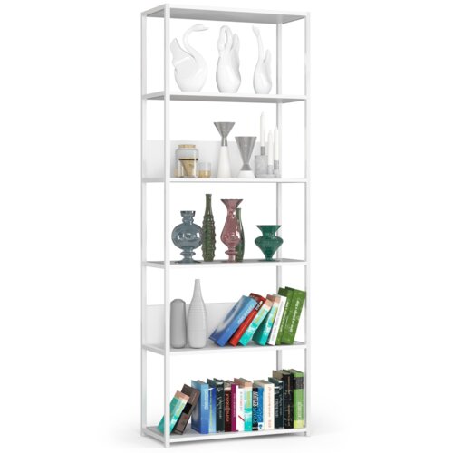 Biały, metalowy regał loftowy o wymiarach 70x32x192 cm z sześcioma półkami, na których znajdują się różnorodne dekoracje, w tym białe figurki, kolorowe wazony oraz książki. Produkt to "Regał loft AKORD metalowy Biały 70 cm kolor Biały mat 6 półek 70x32x192 cm".