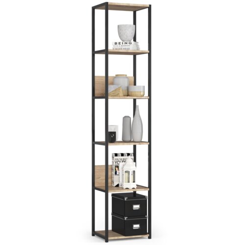 Czarny metalowy regał loftowy o wymiarach 40x32x192 cm z sześcioma półkami w kolorze dąb sonoma mat, na których znajdują się różne dekoracje, w tym wazony, książki i pudełka. Na jednej z półek widoczny jest napis "BEING C. NEWMAN MUST READ".