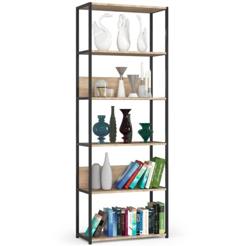 Czarny metalowy regał o wymiarach 70x32x192 cm z sześcioma półkami w kolorze dąb sonoma mat, na których znajdują się różnorodne dekoracje, takie jak białe figurki, wazony, świeczniki oraz książki. Na półkach widoczne są książki o różnych kolorowych grzbie