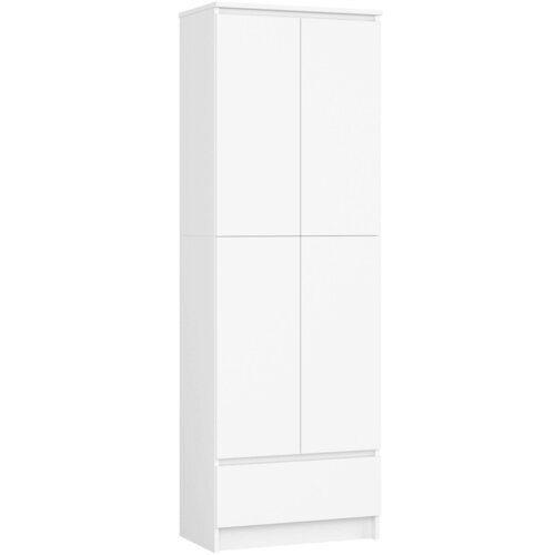 Biały regał z czterema drzwiami i jedną szufladą, o matowym wykończeniu, posiada cztery półki i wymiary 60x35x180 cm. Produkt jest prosty i nowoczesny w stylu.