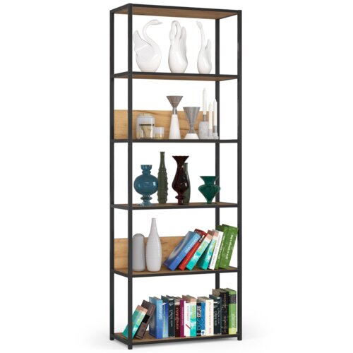 Czarny metalowy regał o wymiarach 70x32x192 cm z sześcioma półkami w kolorze dąb craft mat, na których znajdują się różnorodne dekoracje, takie jak białe figurki, wazony oraz książki. Na półkach widoczne są także świece i inne ozdobne przedmioty.