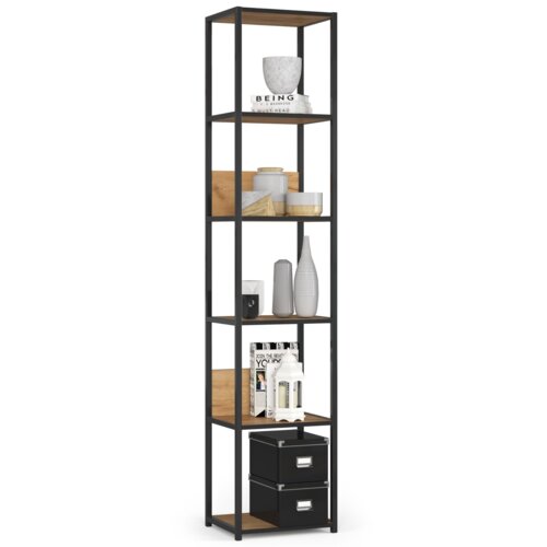 Czarny metalowy regał o wymiarach 40x32x192 cm z sześcioma półkami w kolorze dąb craft mat, na których znajdują się różne dekoracje, w tym wazony, książki i pudełka. Na jednej z półek widoczny jest napis "BEING" na grzbiecie książki.