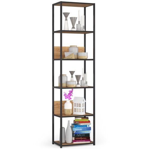 Czarny metalowy regał o wymiarach 50x32x192 cm z sześcioma półkami w kolorze dąb craft mat, na których znajdują się różne dekoracje, takie jak wazony, świeczniki, książki i ozdobny domek. Na dolnej półce widoczne są książki z tytułami: "Unicorns exists", 
