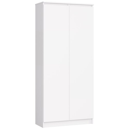 Biały regał z matowym wykończeniem, posiadający dwie drzwi i osiem półek, o wymiarach 80x35x180 cm. Produkt jest prosty i nowoczesny, bez widocznych uchwytów.