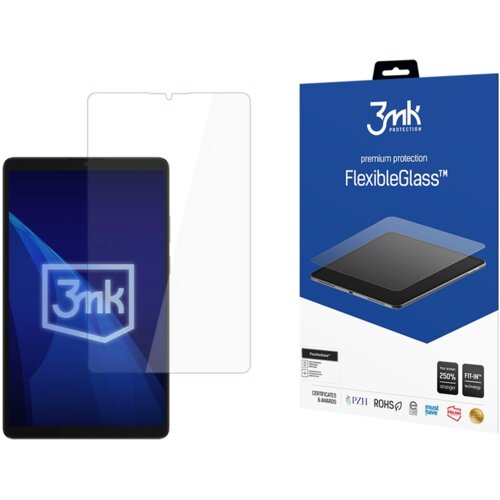 Na zdjęciu widoczny jest tablet z nałożonym szkłem ochronnym oraz opakowanie produktu 3mk Protection FlexibleGlass™. Na opakowaniu znajdują się napisy: "premium protection", "FlexibleGlass™", "250% stronger", "FIT-IN™ technology", a także logotypy certyfikatów PZH i ROHS.