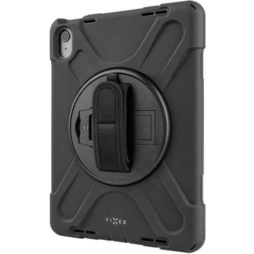 Czarne etui na iPad / iPad Air FIXED Rugged Tab z widocznym uchwytem obrotowym i paskiem na rękę. Na dole etui znajduje się logo "FIXED".