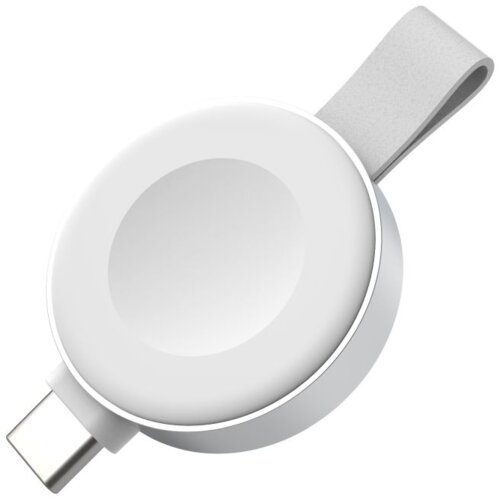 Biała ładowarka do smartwatcha o okrągłym kształcie z metalicznym obramowaniem i złączem USB-C. Posiada szary pasek ułatwiający przenoszenie.