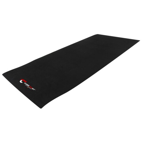 Czarna mata pod sprzęt fitness z widocznym logo "CHRISTOPEIT SPORT" w kolorze czerwonym i białym. Mata ma prostokątny kształt i jednolitą powierzchnię.
