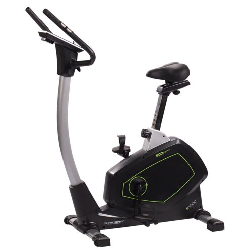 Na zdjęciu znajduje się rower magnetyczny z czarną ramą i siodełkiem, z widocznymi napisami "CHRISTOPEIT SPORT", "Eco 1000" oraz "ECO SPORT". Rower ma zakrzywioną kierownicę i pedały z paskami na stopy.