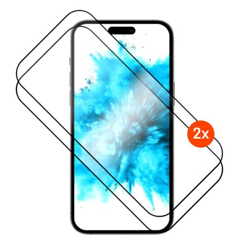 Na zdjęciu widoczny jest telefon z nałożonym szkłem hartowanym, a obok niego znajduje się pomarańczowe kółko z białym napisem "2x". Tło ekranu telefonu jest w odcieniach niebieskiego z efektem rozpryskującej się farby.
