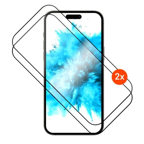 Na zdjęciu widoczny jest smartfon z niebiesko-białą grafiką na ekranie, na którym nałożone są dwa przezroczyste szkła hartowane. W prawym dolnym rogu znajduje się pomarańczowe kółko z białym napisem "2x".