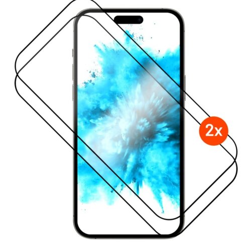 Na zdjęciu znajduje się smartfon z wyświetlaczem wypełnionym niebiesko-białym wzorem przypominającym eksplozję farby, na którym nałożone są dwie przezroczyste osłony ekranu. W prawym dolnym rogu widnieje pomarańczowe kółko z białym napisem "2x".