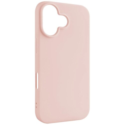 Różowe etui na telefon z wycięciem na aparat, wykonane z gładkiego materiału. Na dole etui widoczny jest wytłoczony napis "FIXED".