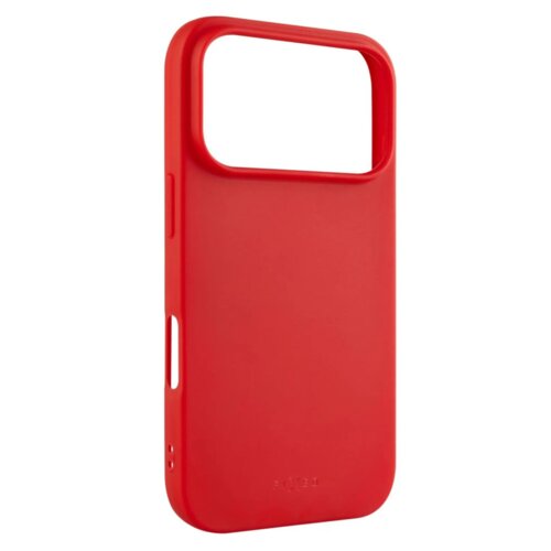 Czerwone etui na telefon z dużym otworem na aparat, wykonane z gładkiego materiału. Na dole widoczny jest wytłoczony napis "FIXED".