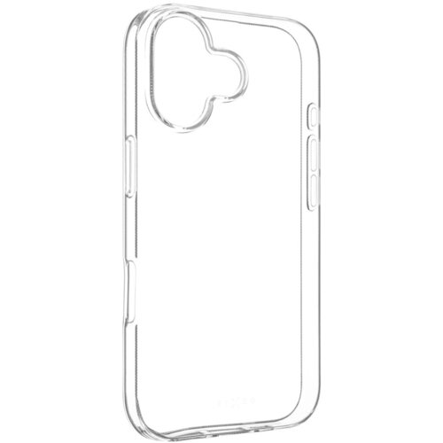 Przezroczyste etui na telefon z wycięciem na aparat, widoczne są przyciski boczne oraz logo "FIXED" na dole. Produkt ma gładką powierzchnię i jest przeznaczony do modelu Apple iPhone 17.