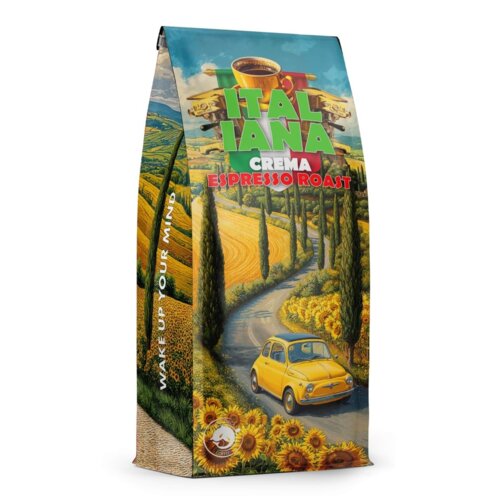 Opakowanie kawy przedstawia malowniczy krajobraz z żółtym samochodem na krętej drodze otoczonej polami i cyprysami, z napisem "ITALIANA CREMA ESPRESSO ROAST" na górze. Na boku opakowania widnieje tekst "WAKE UP YOUR MIND".