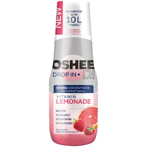 Butelka produktu "Hydrokoncentrat OSHEE DROP IN Vitamin Lemonade Malina i Grejpfrut 500 ml" z etykietą w kolorach różowym i białym, zawierająca napisy: "koncentrat aż do 10L napoju", "NEW", "HYDROCONCENTRATE koncentrat napoju", "VITAMIN LEMONADE", "NIACIN