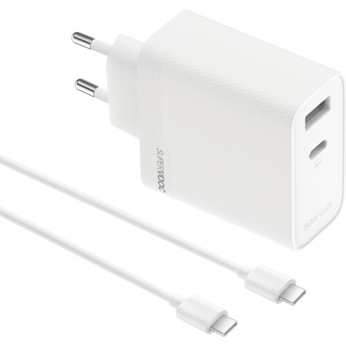 Biała ładowarka sieciowa z dwoma portami USB, oznaczona napisami "SUPERVOOC" i "80W GaN", oraz dwa białe kable USB-C.