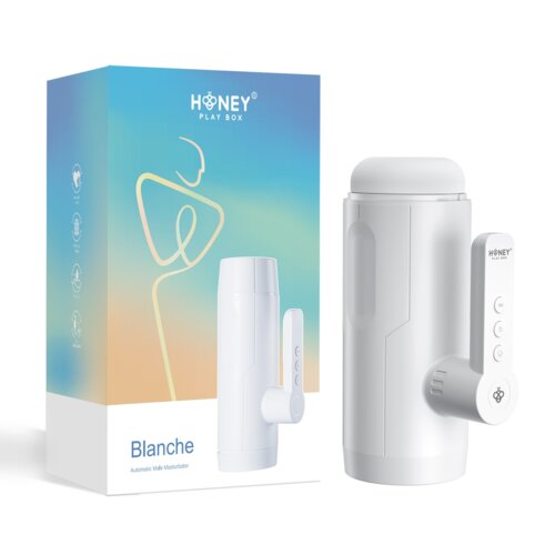 Pudełko z gradientowym tłem w kolorach niebieskim i pomarańczowym, z białym konturem postaci oraz napisem "HONEY PLAY BOX" i "Blanche Automatic Male Masturbator". Obok znajduje się biały produkt cylindryczny z przyciskami i logo "HONEY PLAY BOX".