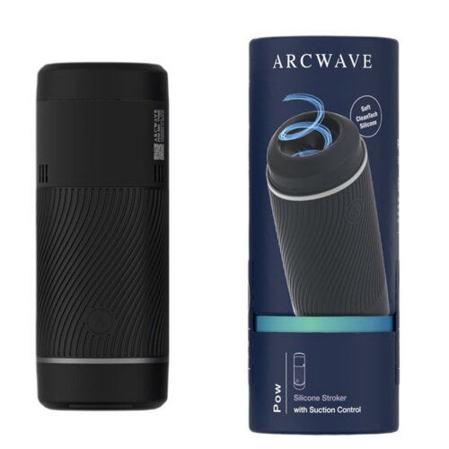 Na zdjęciu widoczny jest czarny produkt o cylindrycznym kształcie z teksturowaną powierzchnią oraz jego opakowanie z napisem "ARCWAVE" i grafiką przedstawiającą produkt. Na opakowaniu znajduje się również napis "Soft CleanTech Silicone" oraz "Silicone Str