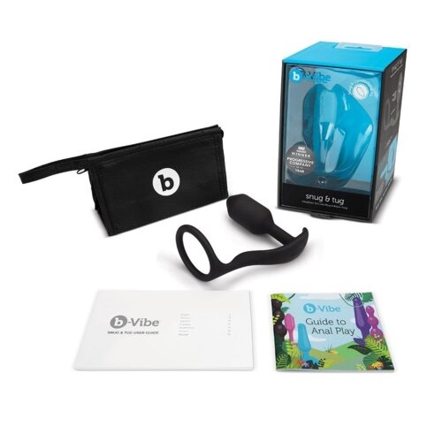 Na zdjęciu znajduje się czarny korek analny z pierścieniem, czarne etui z logo "b", pudełko z napisem "snug & tug", instrukcja użytkowania "b-Vibe Snug & Tug User Guide" oraz kolorowy przewodnik "b-Vibe Guide to Anal Play".