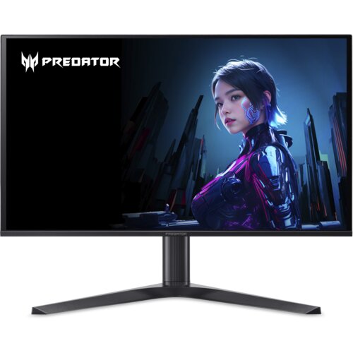 Monitor z wyświetlaczem przedstawiającym postać w futurystycznym stroju na tle miejskiego krajobrazu, z widocznym logo "Predator" w rogu ekranu. Monitor ma smukłą ramkę i stoi na solidnej podstawie.