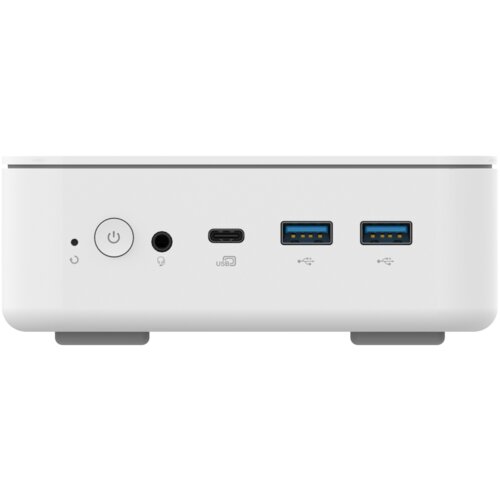 Biały komputer stacjonarny z widocznymi portami na przednim panelu: przycisk zasilania, gniazdo audio, port USB-C oznaczony jako "USB 3.2 Gen 1" oraz dwa porty USB-A z niebieskim wnętrzem. Na obudowie znajdują się także małe ikony symbolizujące funkcje poszczególnych portów.