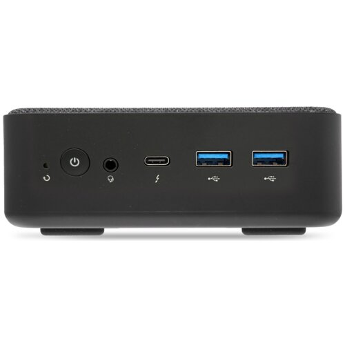 Czarny panel przedni komputera z przyciskiem zasilania, gniazdem audio, portem USB-C, dwoma portami USB oraz ikonami symbolizującymi ich funkcje. Na panelu widoczne są symbole: włączania, słuchawek, błyskawicy oraz USB.