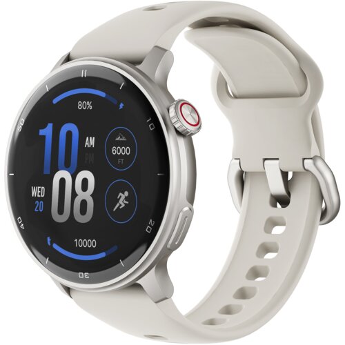 Srebrny smartwatch z okrągłym wyświetlaczem pokazuje godzinę 10:08 AM, datę środa 20, poziom naładowania baterii 80%, wysokość 6000 FT oraz liczbę kroków 10000. Pasek zegarka jest jasny, a na bocznej stronie koperty znajduje się przycisk z czerwonym akcentem.