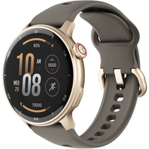 Złoty smartwatch z okrągłym wyświetlaczem, na którym widoczne są informacje: godzina 10:08 AM, data środa 20, poziom naładowania baterii 80%, wysokość 6000 FT oraz liczba kroków 10000. Pasek zegarka jest szary, a na tarczy znajduje się przycisk z czerwonym akcentem.
