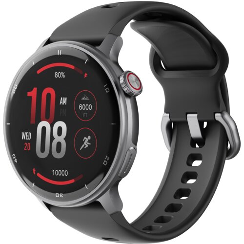 Czarny smartwatch z okrągłą tarczą, na której wyświetlane są informacje: godzina 10:08 AM, data środa 20, poziom naładowania 80%, wysokość 6000 FT, liczba kroków 10000 oraz ikona biegania. Pasek zegarka jest wykonany z ciemnego materiału, a na boku koperty znajduje się przycisk z czerwonym akcentem.