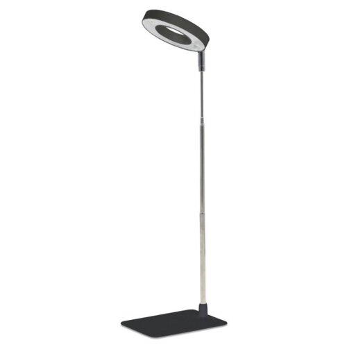 Na zdjęciu znajduje się stojąca lampa LED z okrągłym kloszem, zamontowana na smukłym, metalowym trzonku z prostokątną podstawą. Produkt to "Lampa LED do roślin KOBI DESIGN Verdi 004321".