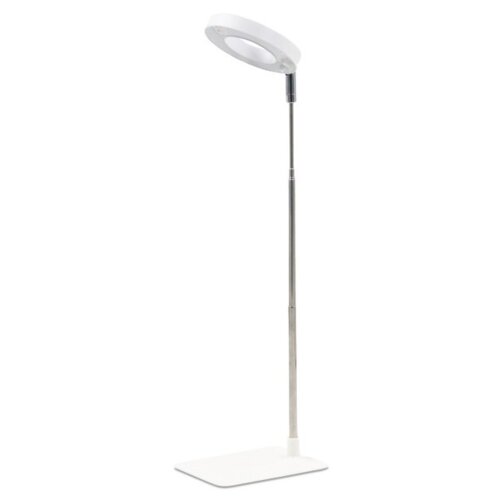 Na zdjęciu znajduje się biała lampa LED do roślin z okrągłym kloszem i regulowanym metalowym ramieniem, umieszczona na prostokątnej podstawie. Produkt ma nowoczesny design i jest przeznaczony do oświetlania roślin.