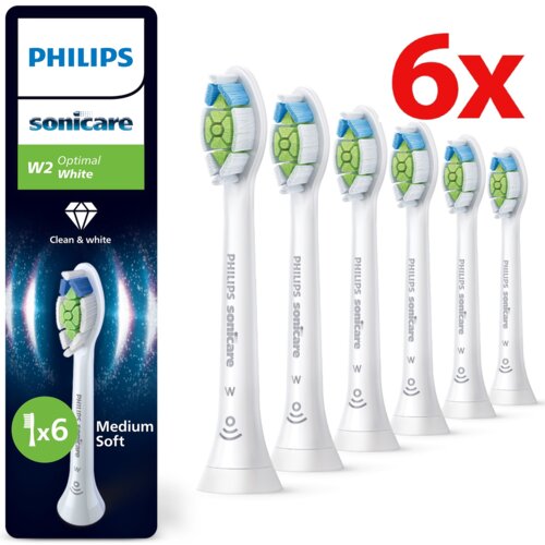 Oryginalne końcówki Philips Sonicare W2 HX6066/87, średnio miękkie włókna, wybielające, 6 sztuk. Na opakowaniu widoczne są napisy: "PHILIPS", "sonicare", "W2 Optimal White", "Clean & white", "1x6 Medium Soft", oraz duży czerwony napis "6x".
