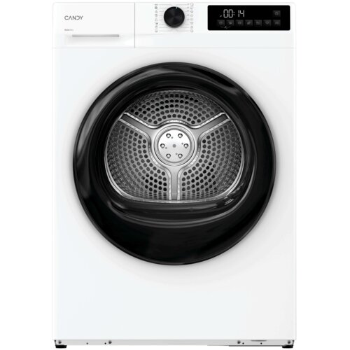 Biała suszarka z czarnym bębnem i panelem sterowania, na którym widoczny jest czas "00:14". Na urządzeniu znajduje się logo "CANDY" oraz napis "Quick Dry".