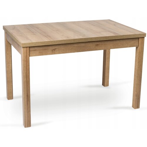 Na zdjęciu widoczny jest drewniany stół o prostokątnym blacie w kolorze dębu, z czterema prostymi nogami. Stół ma minimalistyczny design i naturalne wykończenie.