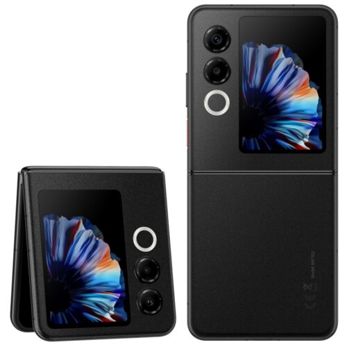 Czarny smartfon z klapką, z widocznym dużym wyświetlaczem prezentującym kolorowy wzór przypominający kwiat. Obok ekranu znajdują się dwa obiektywy aparatu oraz okrągły element, a na obudowie widnieje napis "NUBIA".