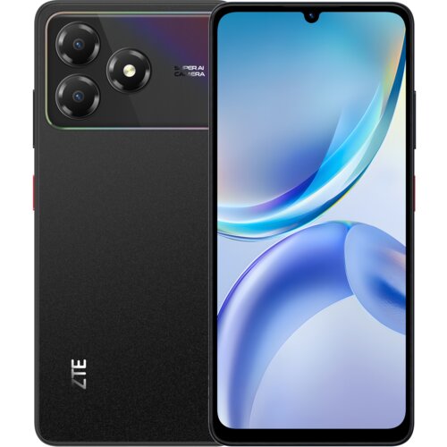 Smartfon ZTE Blade A36 4/64GB 6.75" 90Hz Czarny z wyświetlaczem o gradientowym tle i trzema aparatami z tyłu. Na obudowie widoczne jest logo ZTE oraz napis "Super AI Camera".