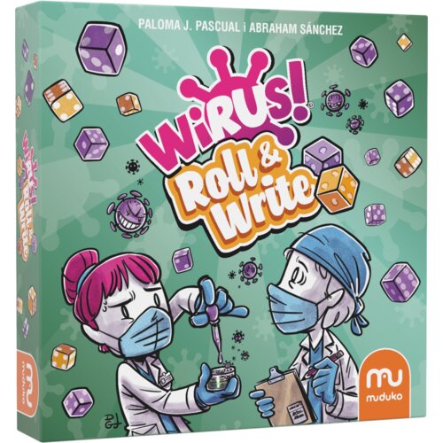 Okładka gry towarzyskiej "Wirus! Roll & Write" przedstawia ilustrację dwóch postaci w maskach i fartuchach laboratoryjnych, trzymających pipetę i notatnik, otoczonych kolorowymi kostkami i wirusami. Na zielonym tle widnieje tytuł gry oraz nazwiska autorów: Paloma J. Pascual i Abraham Sánchez, a w rogu znajduje się logo "muduko".
