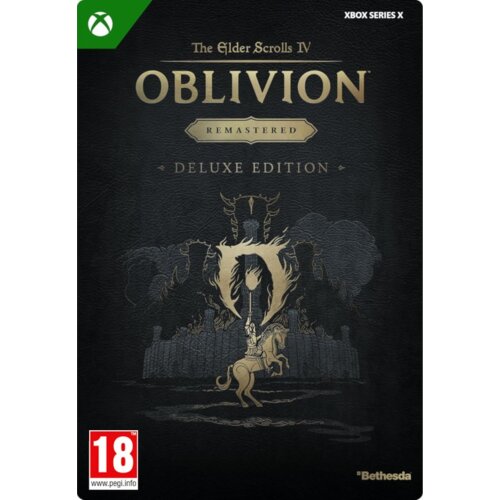 Okładka gry "The Elder Scrolls IV: Oblivion Remastered Deluxe Edition" na konsolę Xbox Series X, z dużym napisem "OBLIVION" oraz grafiką przedstawiającą rycerza na koniu przed zamkiem. W dolnym rogu widnieje logo "Bethesda" oraz oznaczenie wiekowe "18" z adresem "www.pegi.info".
