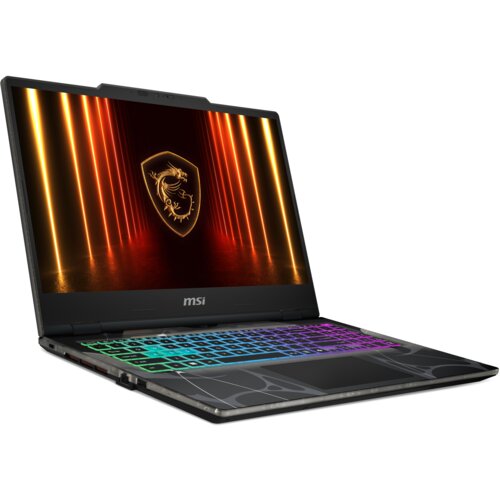 Laptop z logo "msi" na dolnej ramce ekranu, wyświetlający grafikę z pomarańczowymi liniami i tarczą z symbolem smoka. Klawiatura podświetlana w różnych kolorach.