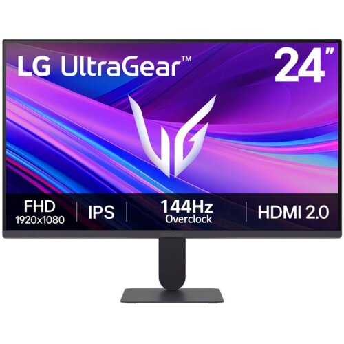 Monitor z logo "LG UltraGear" na górze ekranu, z kolorowym tłem w odcieniach fioletu i niebieskiego, oraz napisami: "24", "FHD 1920x1080", "IPS", "144Hz Overclock", "HDMI 2.0".