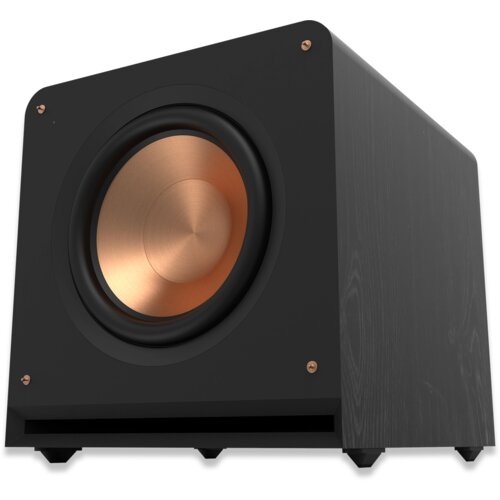Czarny subwoofer z widocznym miedzianym głośnikiem na przednim panelu, umieszczony na czterech nóżkach. Na rogach przedniego panelu znajdują się cztery śruby.