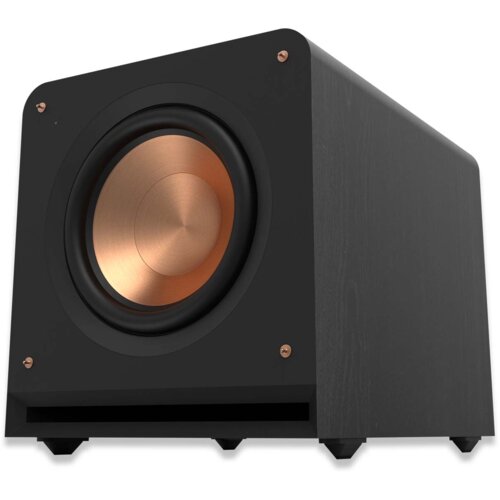 Czarny subwoofer z widocznym miedzianym głośnikiem na przednim panelu, umieszczony na czterech nóżkach. Na rogach panelu znajdują się cztery śruby.