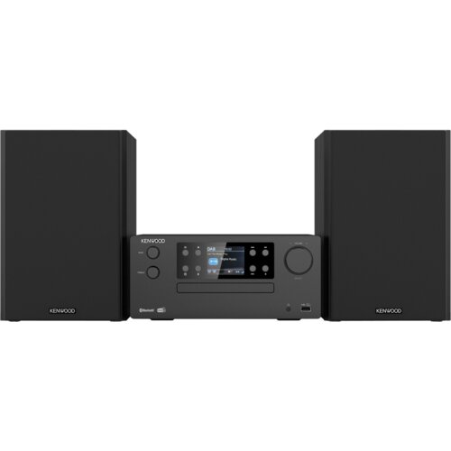 Czarna wieża stereo z dwoma głośnikami po bokach i centralną jednostką z wyświetlaczem, na którym widoczny jest napis "DAB" oraz "Digital Radio". Na urządzeniu znajdują się przyciski sterujące, pokrętło oraz logo "KENWOOD".