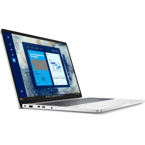 Srebrny laptop z otwartym ekranem, na którym wyświetlany jest interfejs z wykresami i tekstem "Time Management Strategies". Na obudowie widoczne są porty oraz klawiatura z dużym touchpadem.