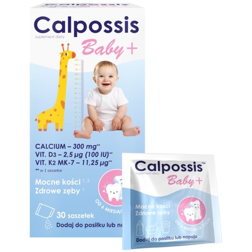 Opakowanie suplementu diety "Calpossis Baby+" przedstawia uśmiechnięte dziecko na tle miarki wzrostu z żyrafą oraz informacje o składnikach: "CALCIUM – 300 mg", "VIT. D3 – 2,5 µg (100 IU)", "VIT. K2 MK-7 – 11,25 µg". Na opakowaniu widnieje również napis: "Mocne kości, Zdrowe zęby, 30 saszetek, Dodaj do posiłku lub napoju, Od 6 miesiąca życia".