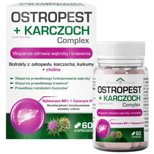 Opakowanie suplementu diety "Ostropest + Karczoch Complex" z napisem "Wsparcie zdrowia wątroby i trawienia" oraz słoik z kapsułkami, na którym widnieje logo "Domowa Apteczka". Na opakowaniu wymienione są składniki: ostropest, karczoch, kurkuma i cholina, a także informacje o wsparciu funkcjonowania wątroby, trawienia i metabolizmu tłuszczów.