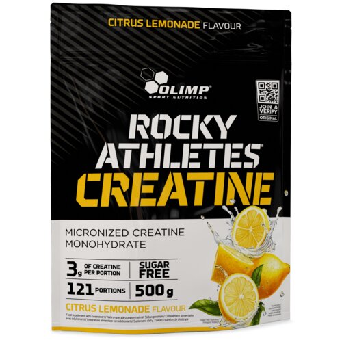 Opakowanie produktu z napisem "OLIMP SPORT NUTRITION ROCKY ATHLETES CREATINE" oraz informacjami: "CITRUS LEMONADE FLAVOUR", "Micronized Creatine Monohydrate", "3 g of creatine per portion", "Sugar Free", "121 portions", "500 g". Na dole widoczne są ilustr