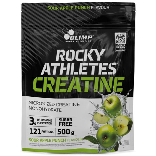 Opakowanie produktu "Kreatyna OLIMP Rocky Athletes Jabłkowy (500 g)" z napisem "Sour Apple Punch Flavour" oraz grafiką zielonych jabłek i rozpryskującej się wody. Na opakowaniu widnieje informacja: "3 g of creatine per portion", "Sugar Free", "121 portion